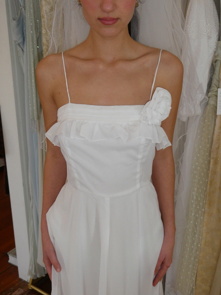 Vintage 70s Norma Tullo chiffon A line wedding dress with rosette