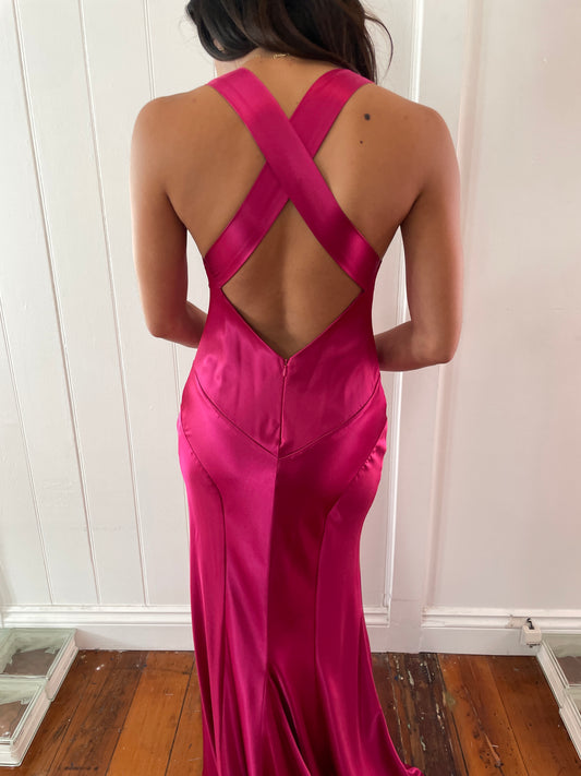 Vintage y2k Ruth Tarvydas hot pink satin evening gown