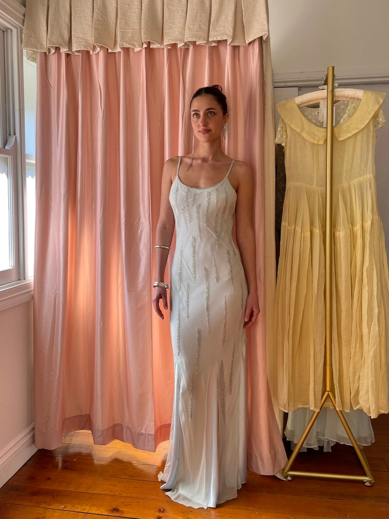 Vintage 90s ice blue Ruth Tarvydas silk beaded bias cut maxi dress