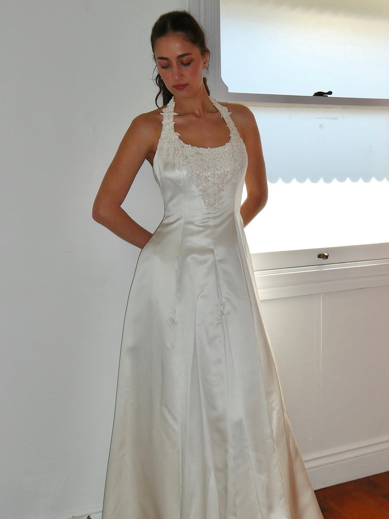 Vintage 90s satin halter neck princess gown with beaded lace trim
