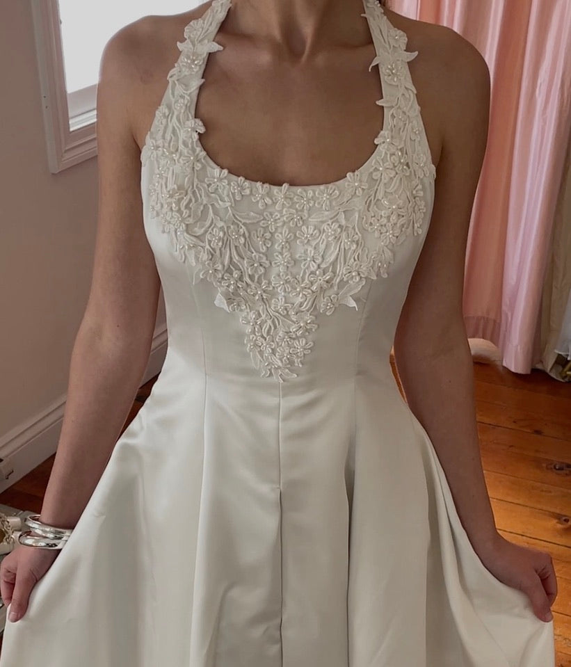 Vintage 90s satin halter neck princess gown with beaded lace trim
