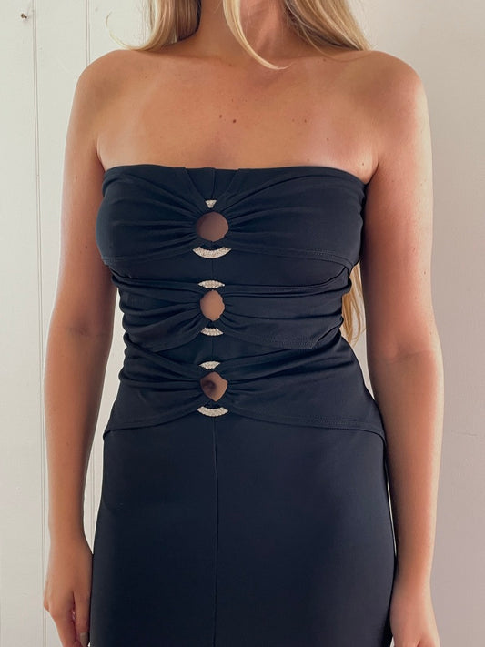 Vintage 90s black strapless gown with rhintstone hardware