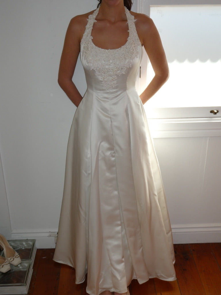 Vintage 90s satin halter neck princess gown with beaded lace trim