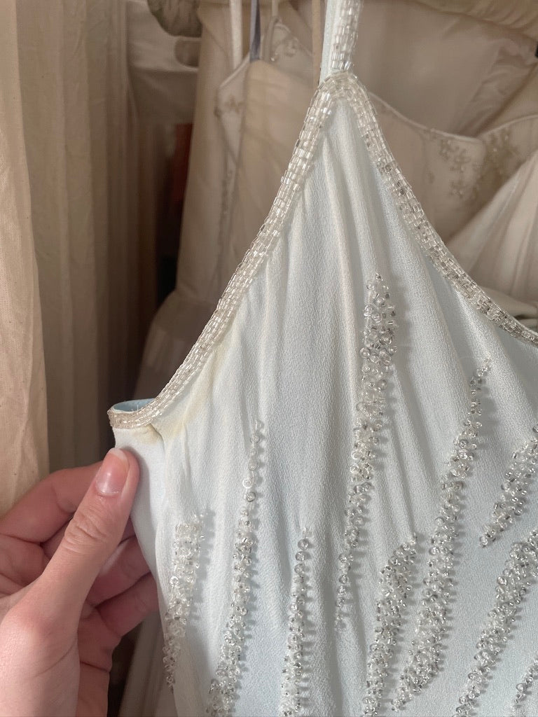 Vintage 90s ice blue Ruth Tarvydas silk beaded bias cut maxi dress