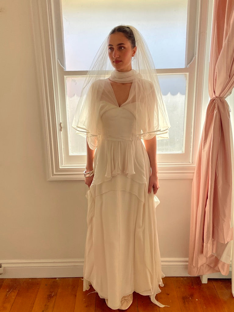 Vintage 90s tiered silk georgette waterfall wedding gown