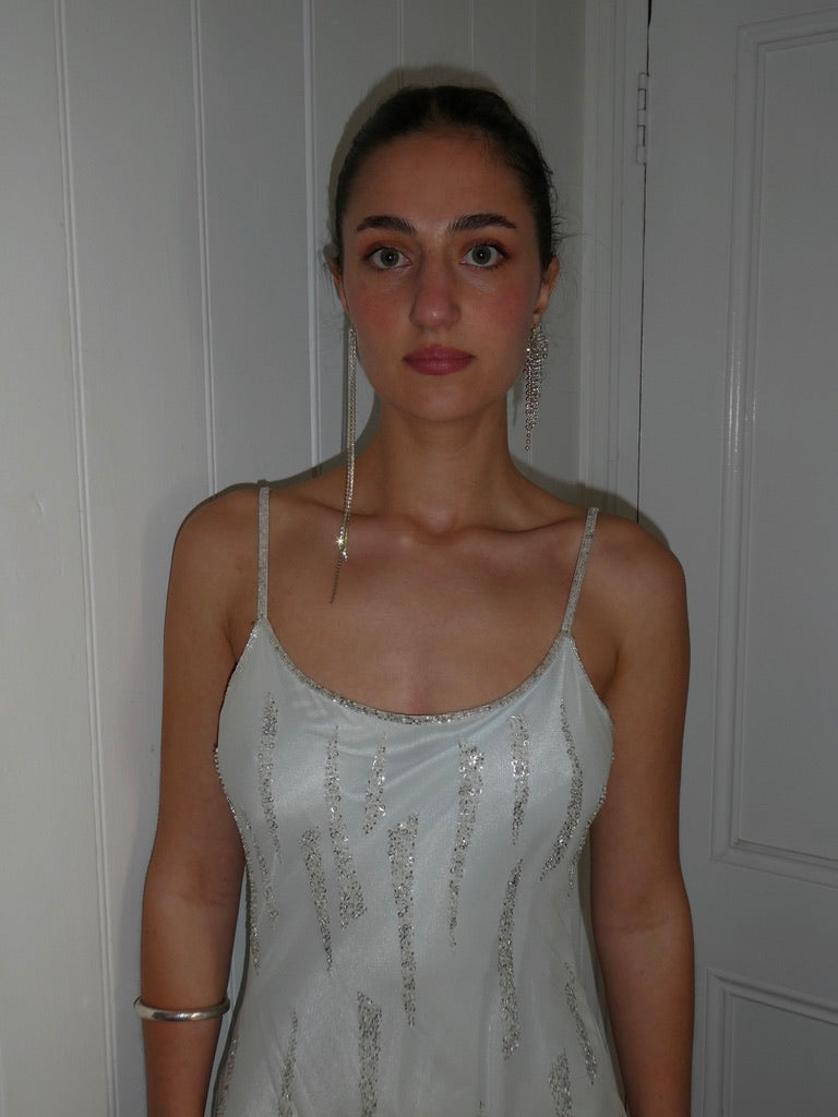 Vintage 90s ice blue Ruth Tarvydas silk beaded bias cut maxi dress