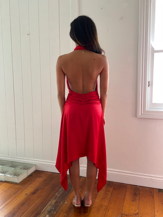 Vintage y2k red satin plunge neck backless midi dress