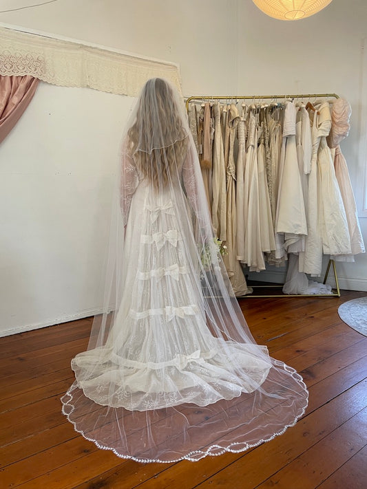 Vintage 70s embroidered chapel veil with blusher ivory