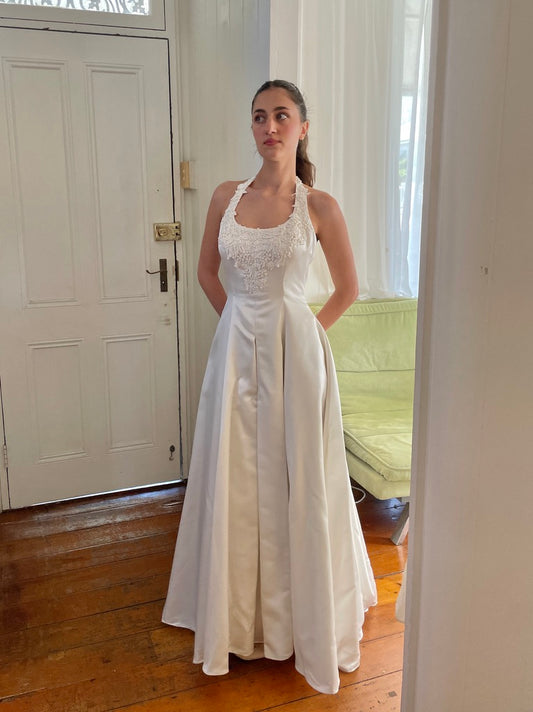 Vintage 90s satin halter neck princess gown with beaded lace trim