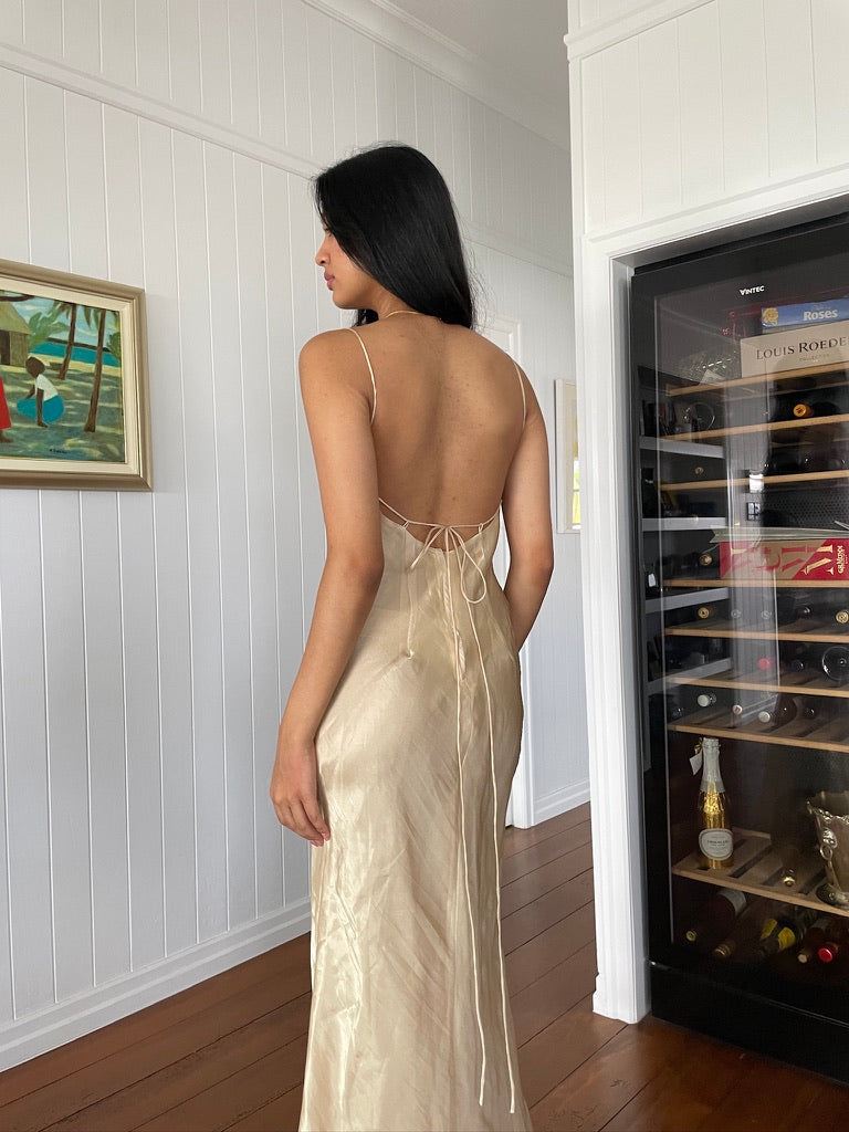 90s vintage champagne maxi dress with lace up back