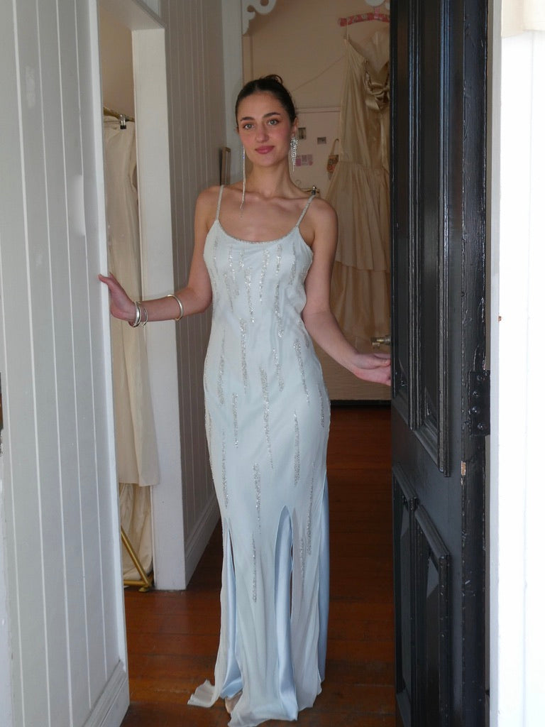 Vintage 90s ice blue Ruth Tarvydas silk beaded bias cut maxi dress