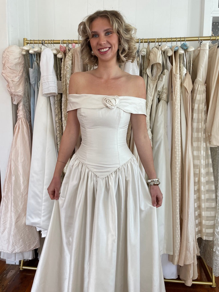 Vintage 90s silk basque waist off shoulder gown