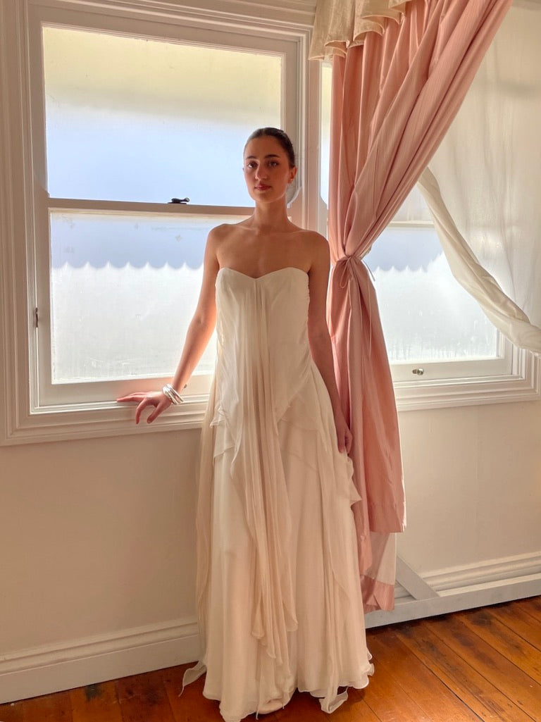 Vintage 90s tiered silk georgette waterfall wedding gown