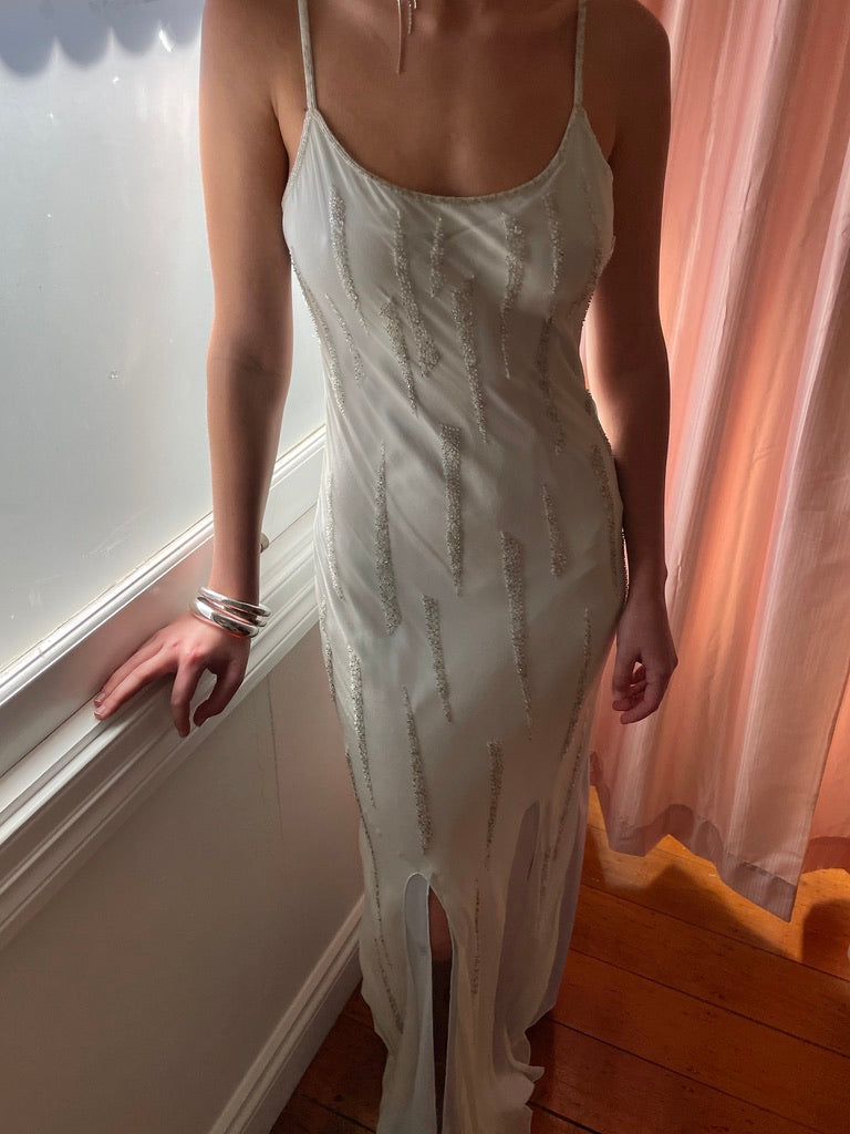 Vintage 90s ice blue Ruth Tarvydas silk beaded bias cut maxi dress