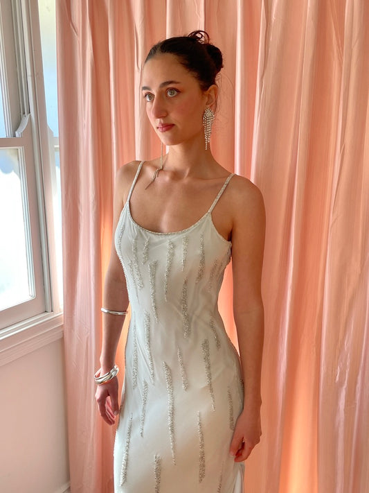 Vintage 90s ice blue Ruth Tarvydas silk beaded bias cut maxi dress