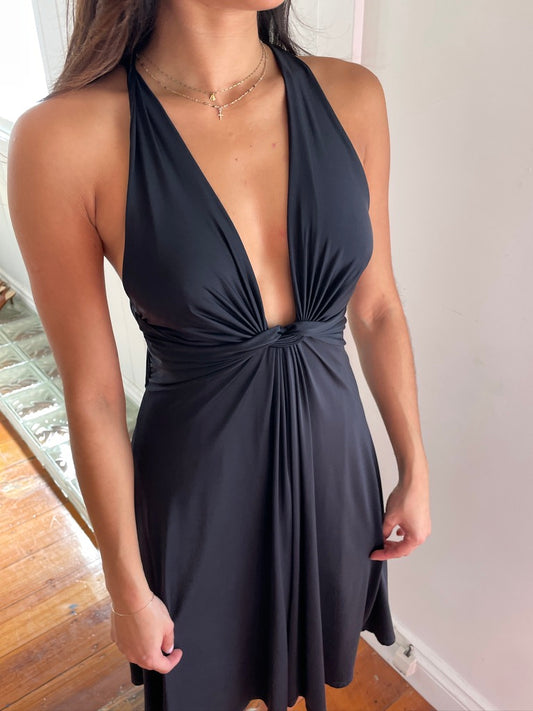 Vintage y2k black plunge neck mini dress