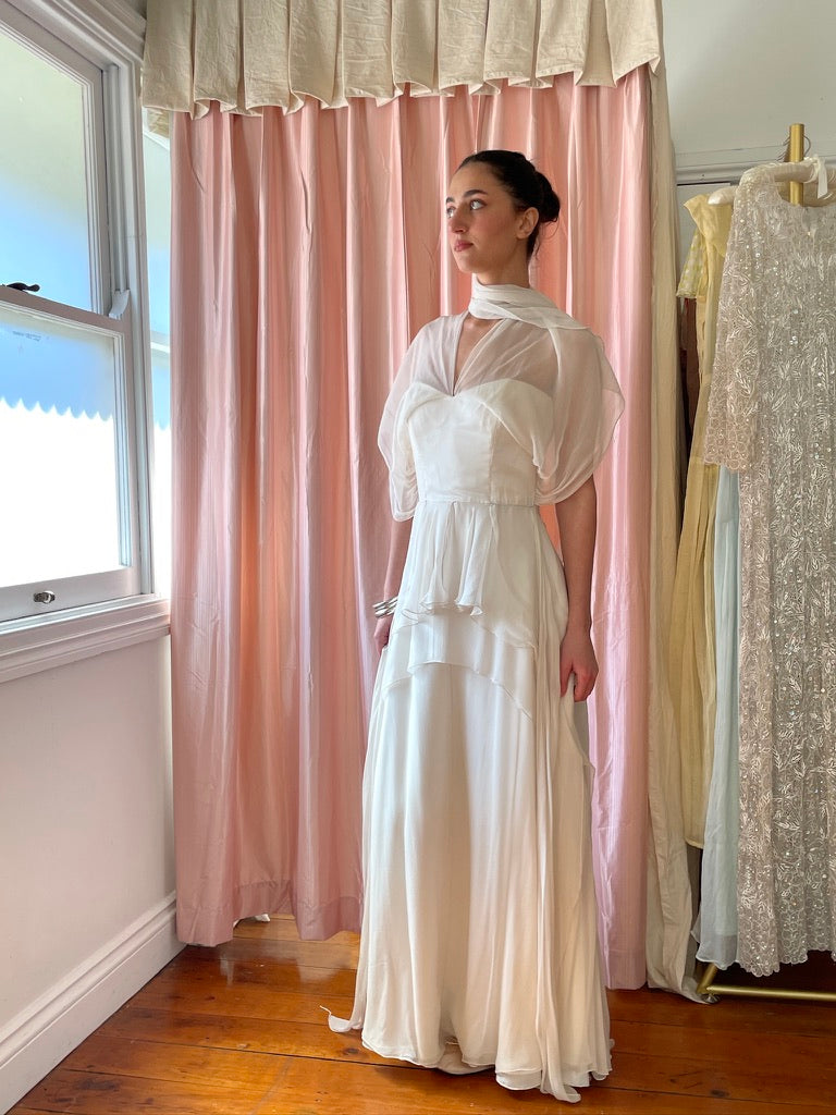 Vintage 90s tiered silk georgette waterfall wedding gown