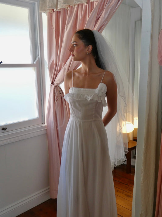 Vintage 70s Norma Tullo chiffon A line wedding dress with rosette