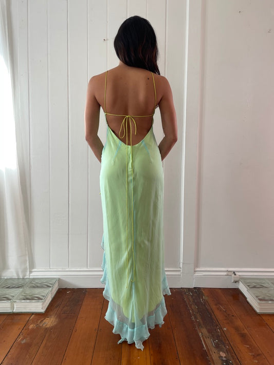 Vintage 90s green and blue high low backless dress