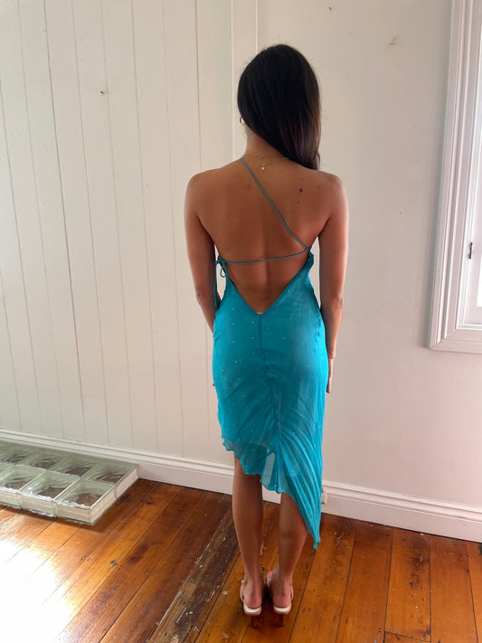 Vinatge 90s aqua silk one shoulder midi dress with diamantés