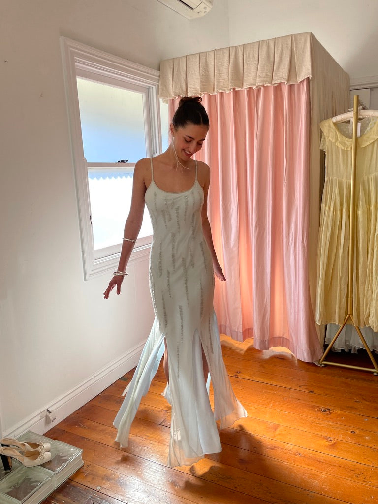 Vintage 90s ice blue Ruth Tarvydas silk beaded bias cut maxi dress