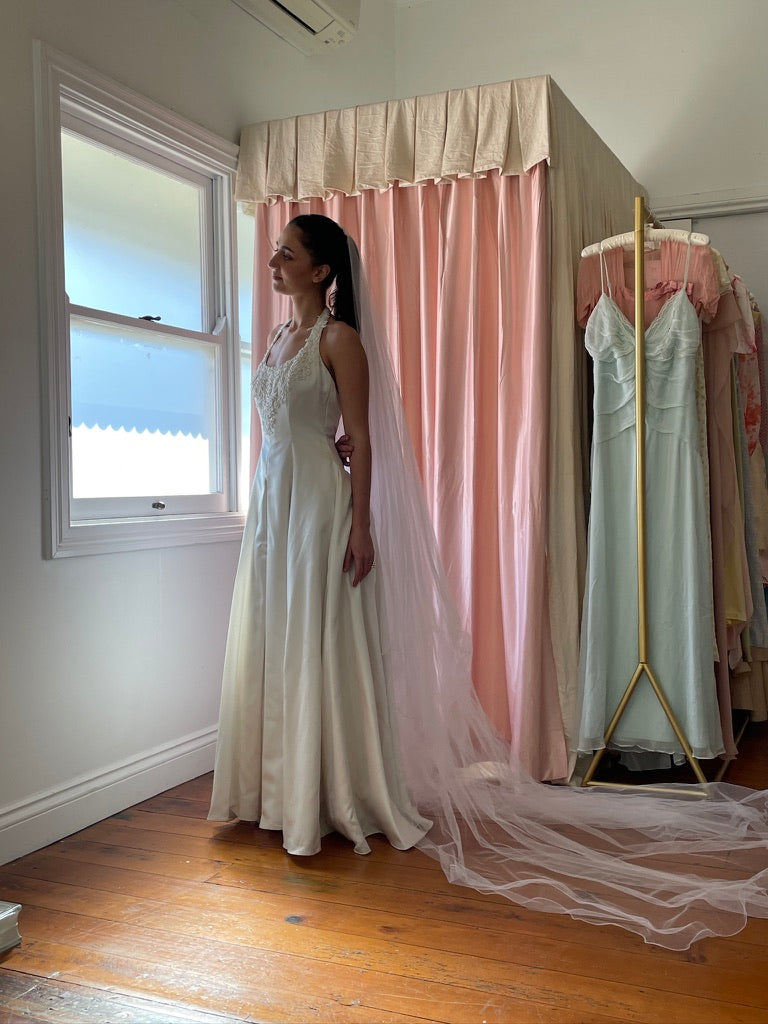 Vintage 90s satin halter neck princess gown with beaded lace trim