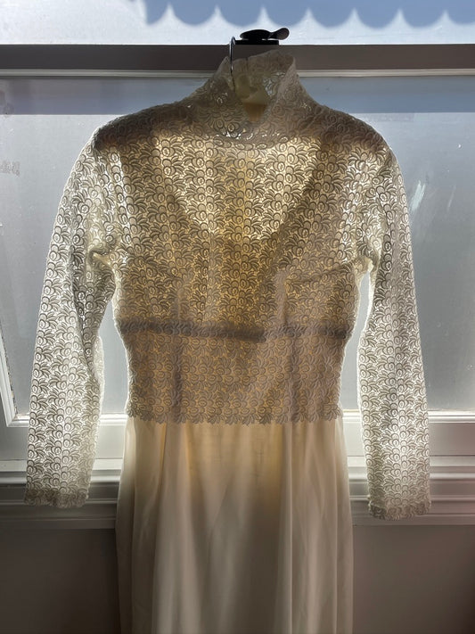 Vintage 60s long sleeve chiffon gown with guipure lace bodice