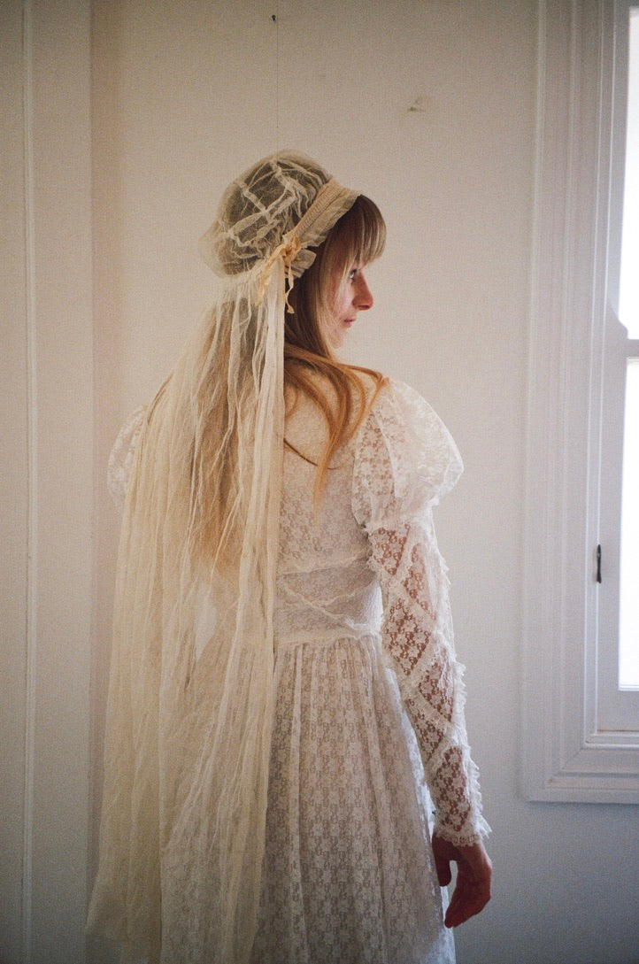 Vintage 70s lace high neck long sleeve wedding dress