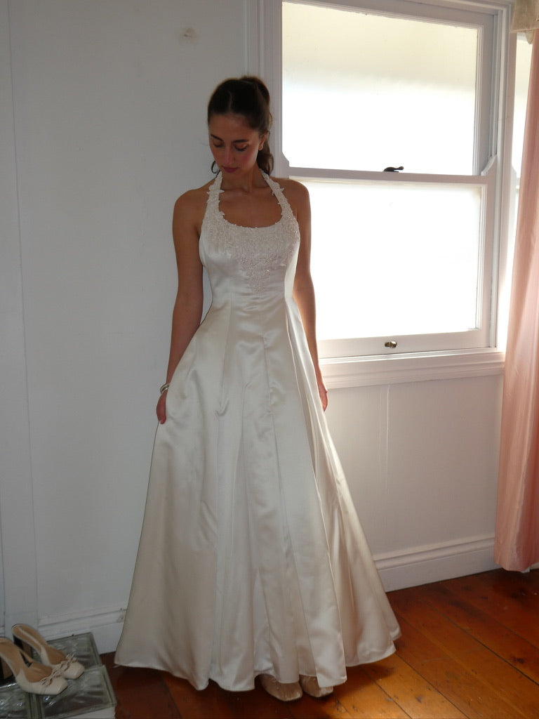 Vintage 90s satin halter neck princess gown with beaded lace trim