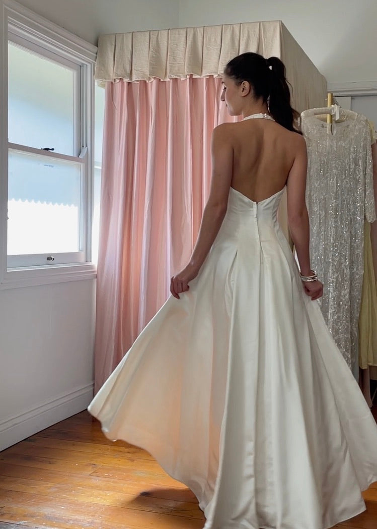Vintage 90s satin halter neck princess gown with beaded lace trim