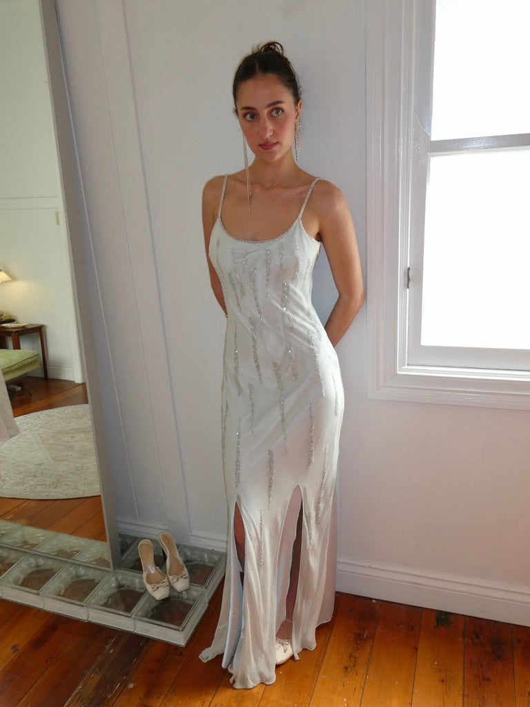 Vintage 90s ice blue Ruth Tarvydas silk beaded bias cut maxi dress