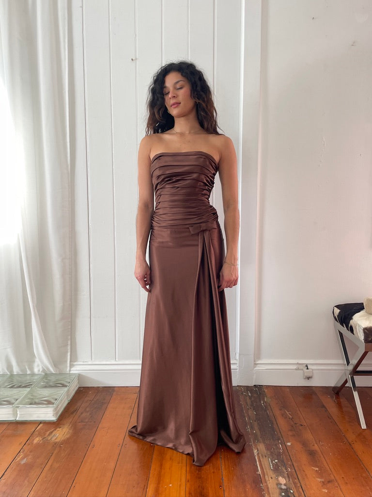 Vintage 90s Jessica McClintock brown strapless gown with bow