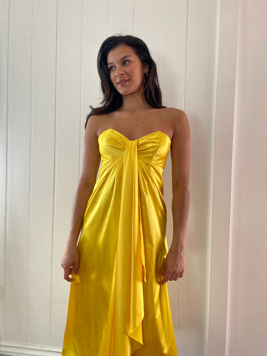 Vintage 90s yellow satin strapless midi dress