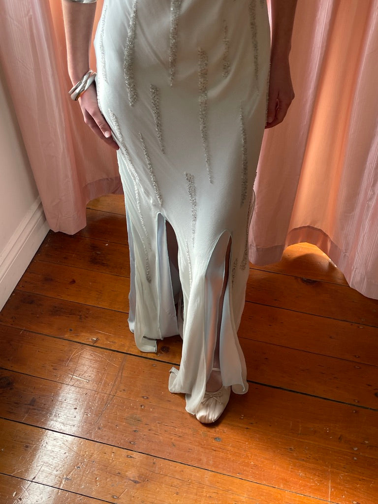 Vintage 90s ice blue Ruth Tarvydas silk beaded bias cut maxi dress