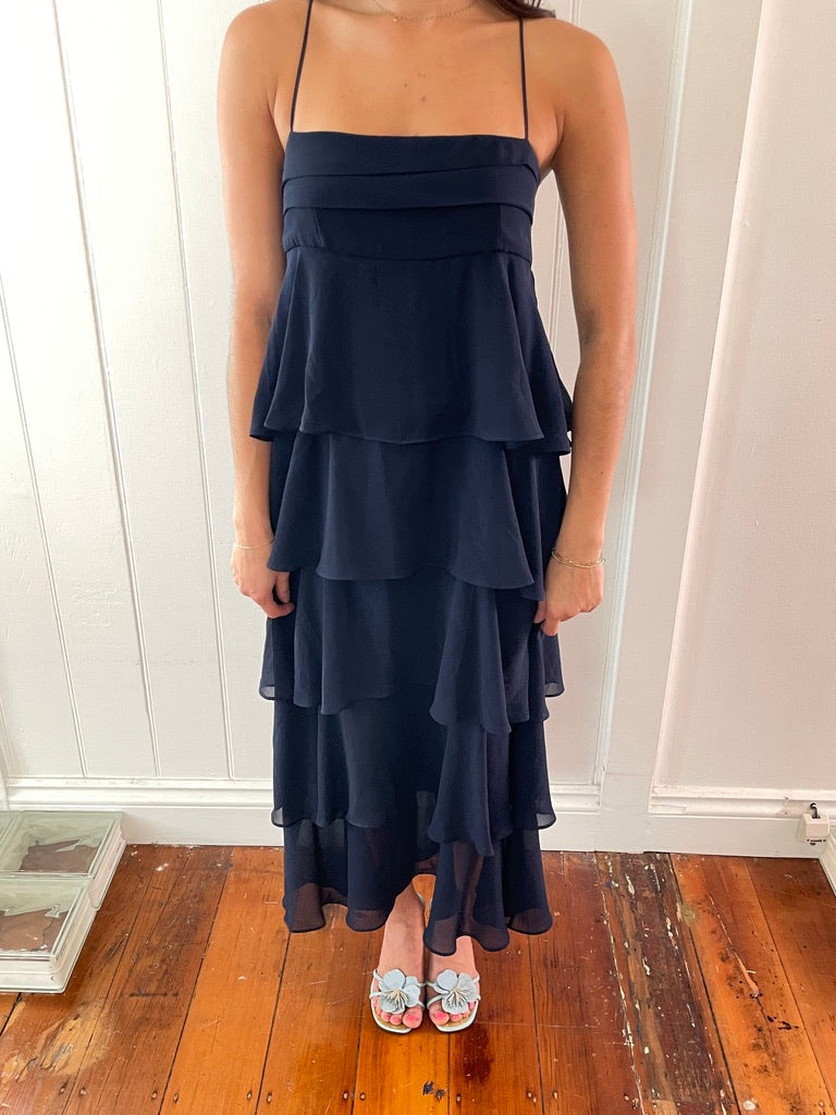 Vintage y2k Carla Zampatti navy tiered midi dress