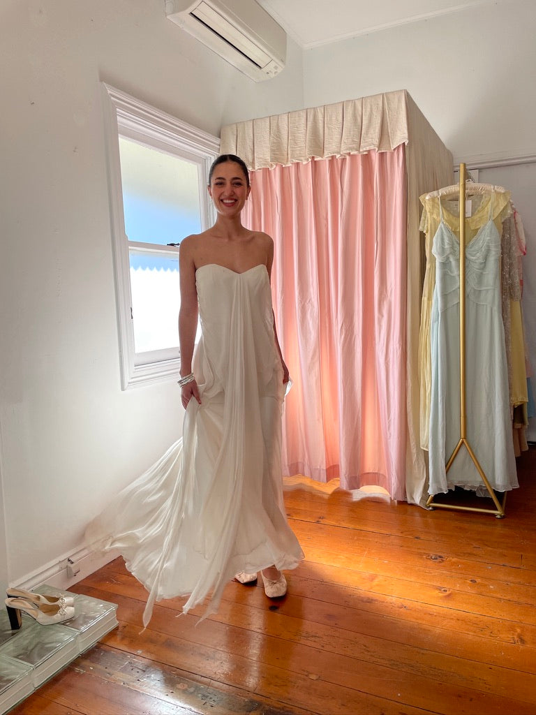 Vintage 90s tiered silk georgette waterfall wedding gown