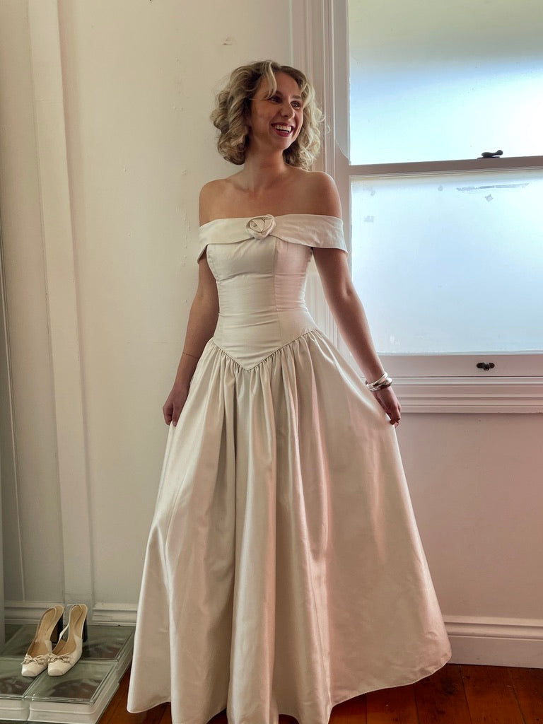 Vintage 90s silk basque waist off shoulder gown