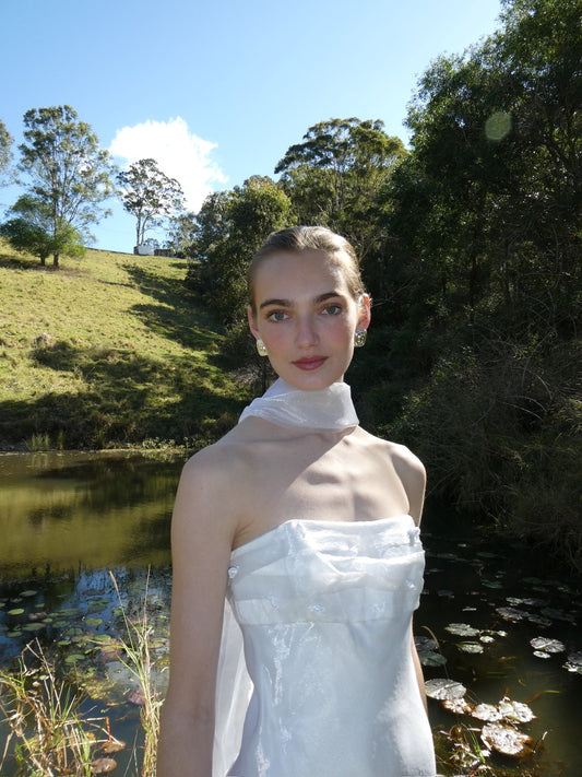 Vintage 90s strapless organza gown with neck scarf