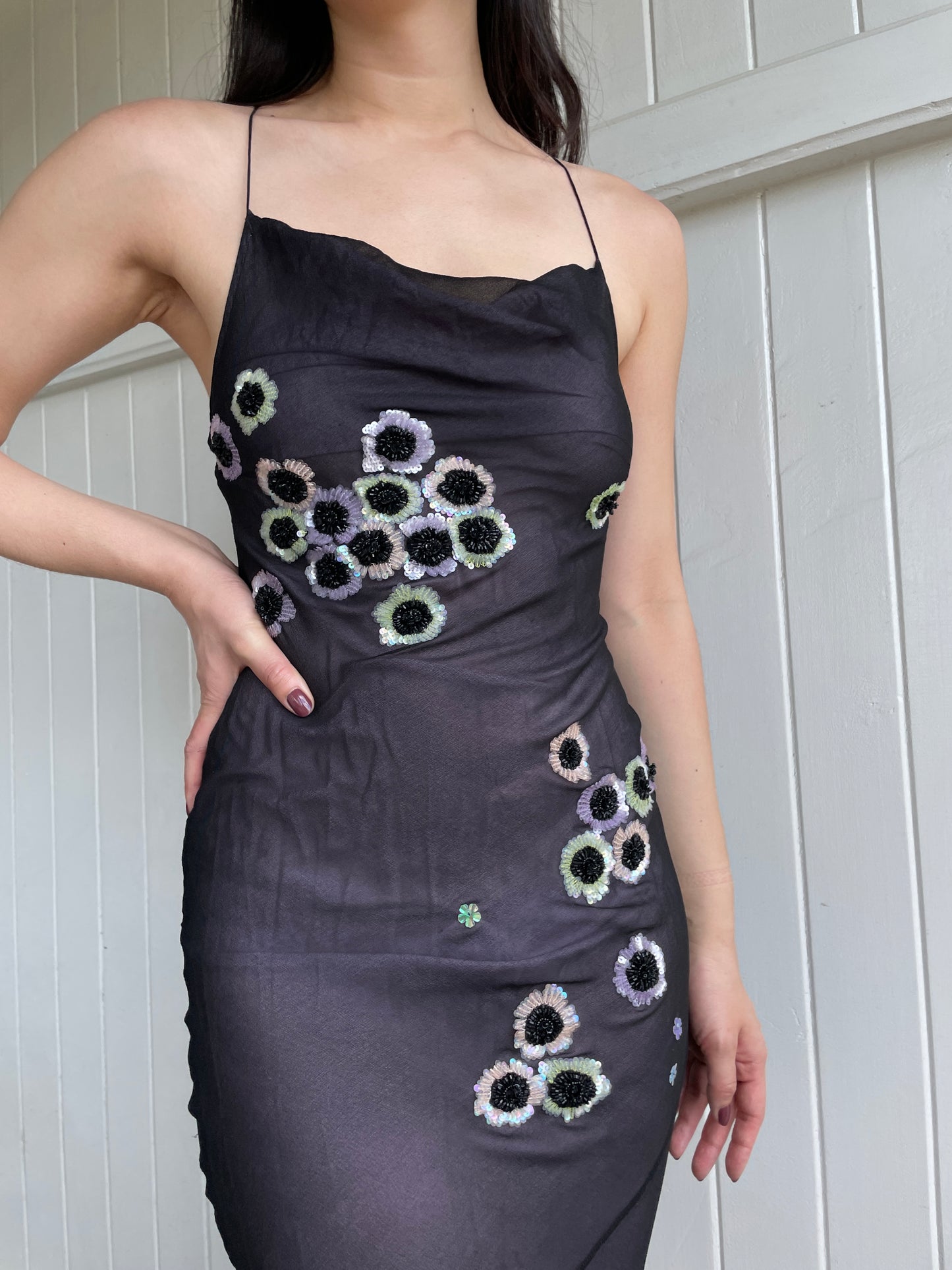 Vintage Y2K silk floral beaded slip dress