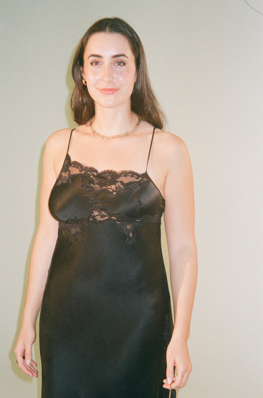 Vintage y2k silk bias cut lace trim slip dress