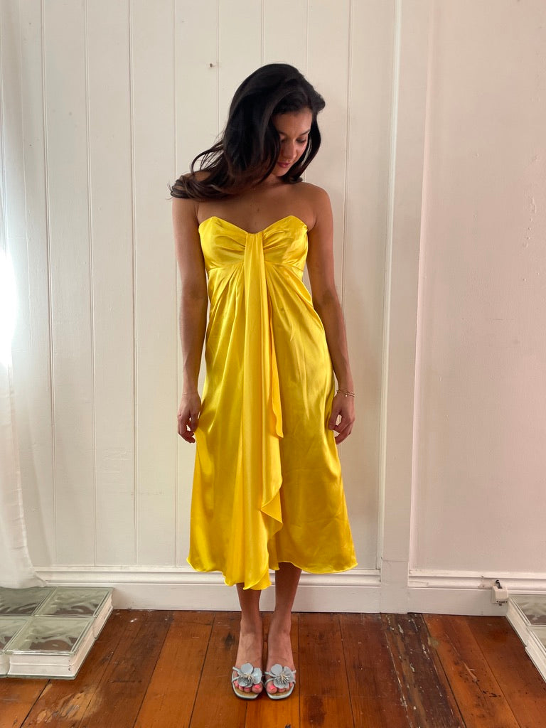 Vintage 90s yellow satin strapless midi dress