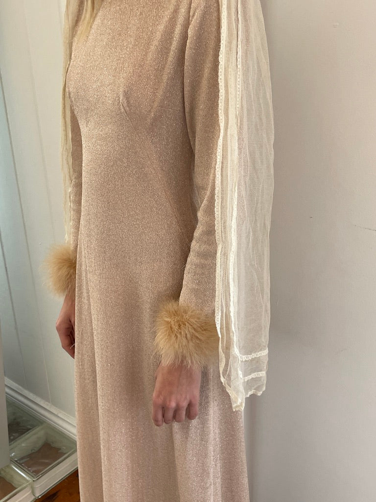 Vintage 60s champagne lurex long sleeve gown with ostrich feather cuffs