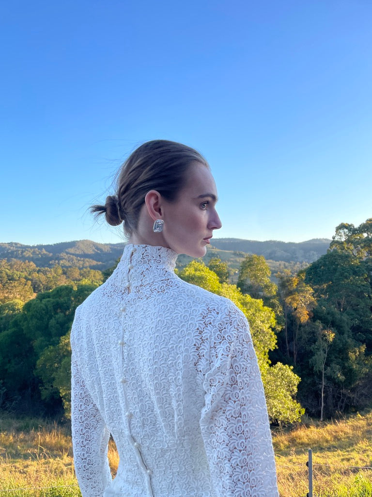 Vintage 60s long sleeve chiffon gown with guipure lace bodice