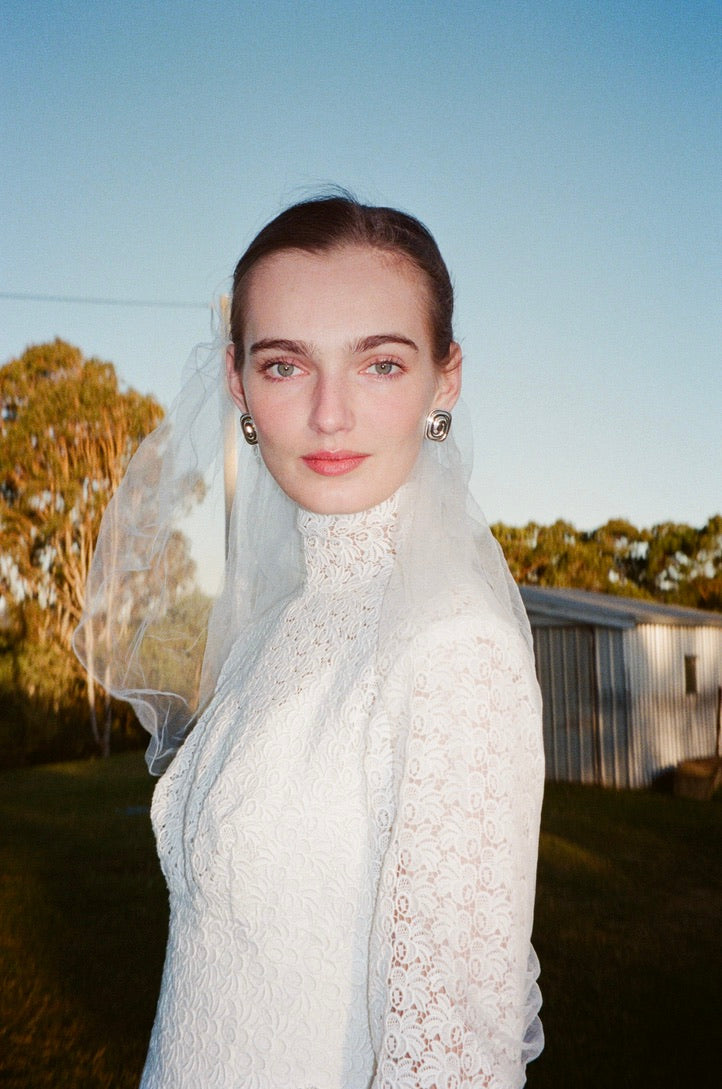 Vintage 60s long sleeve chiffon gown with guipure lace bodice