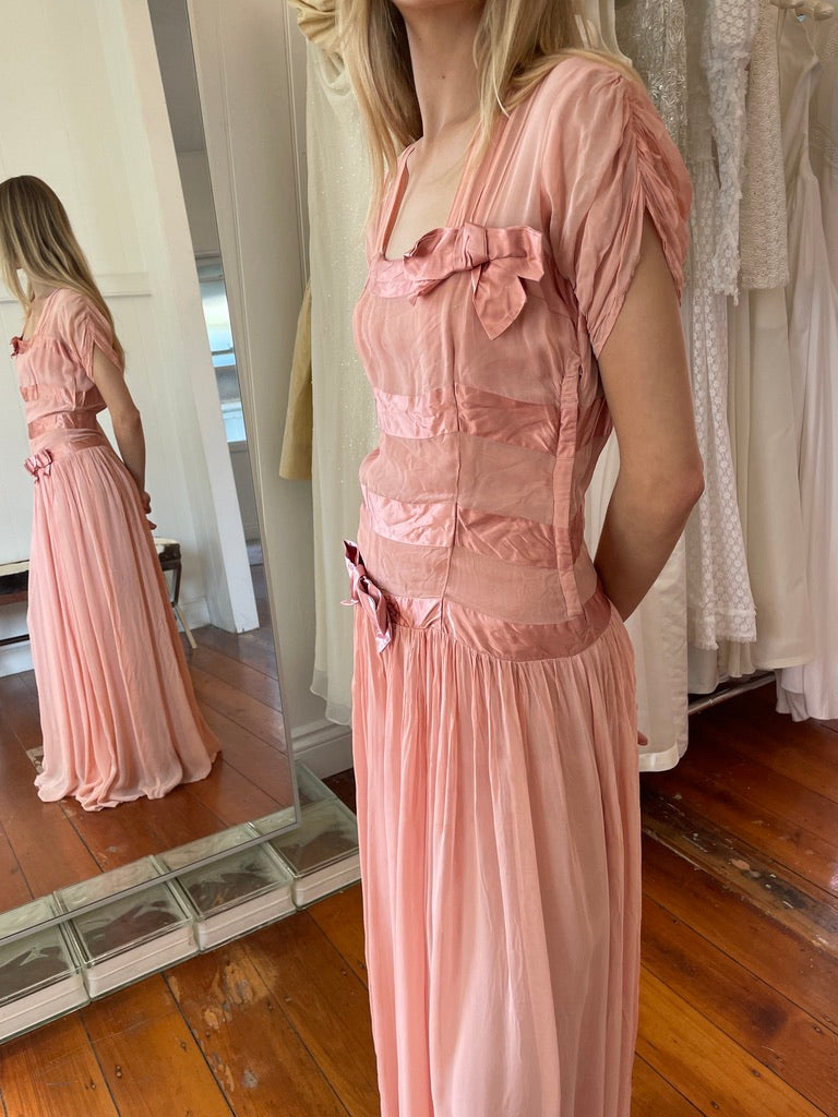 Vintage 50s pink drop waist maxi dress with bows