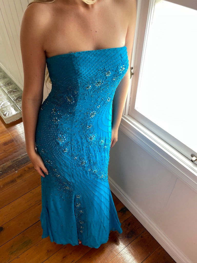 Vintage y2k silk beaded strapless formal dress ocean