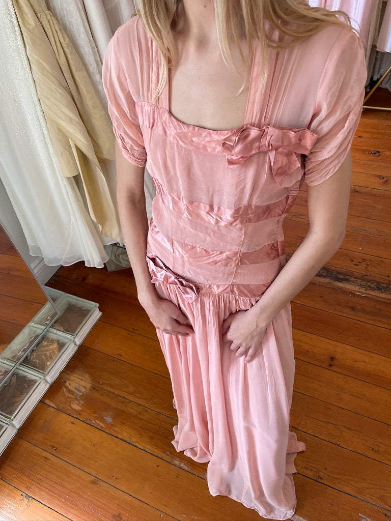 Vintage 50s pink drop waist maxi dress with bows