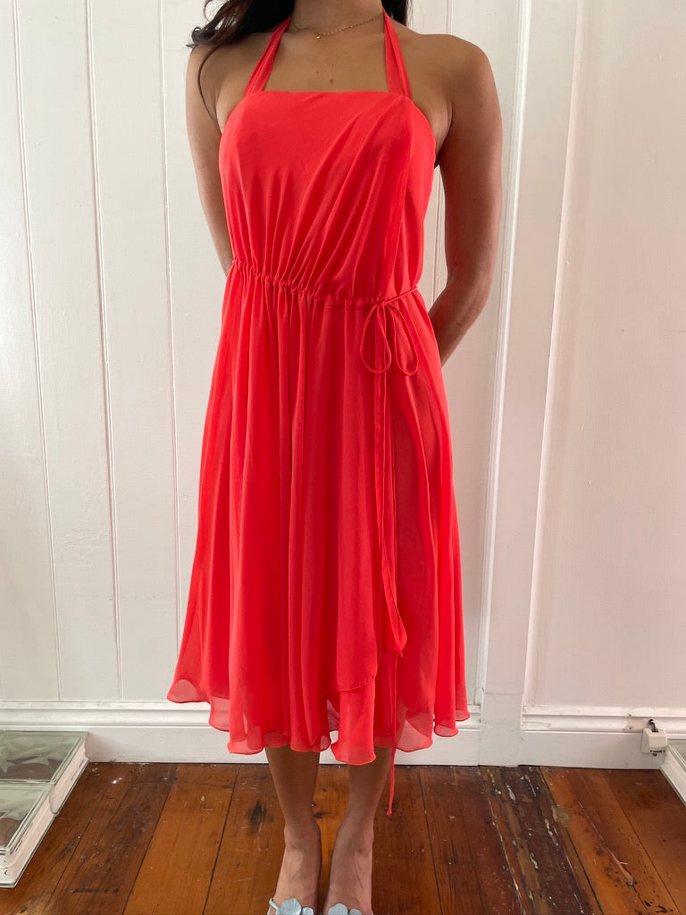 Vintage 90s orange flowy halter neck mini dress