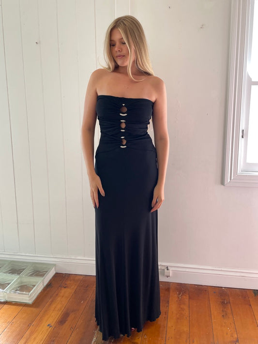 Vintage 90s black strapless gown with rhintstone hardware