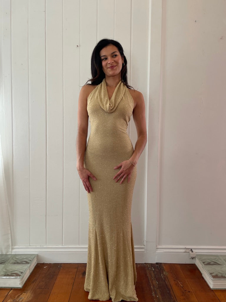 Vintage y2k gold shimmery halter neck evening dress